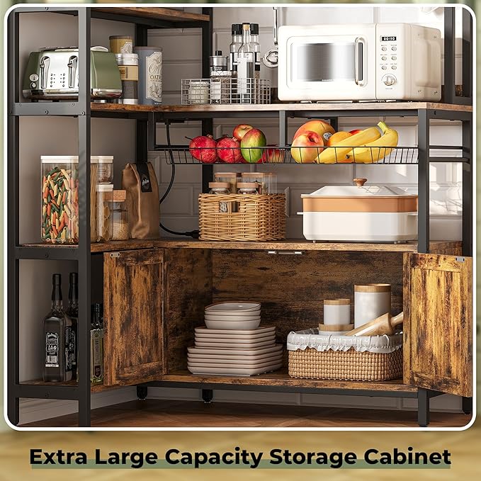 IRONCK Corner Bakers Rack with Power Outlet, Coffee Bar 6 Tier with Storage Cabinet, Vintage Industrial Microwave Stand with 6 Hooks, Kitchen Shelves with Wire Basket, Rustic Brown