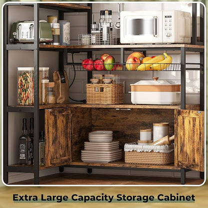 IRONCK Corner Bakers Rack with Power Outlet, Coffee Bar 6 Tier with Storage Cabinet, Vintage Industrial Microwave Stand with 6 Hooks, Kitchen Shelves with Wire Basket, Rustic Brown