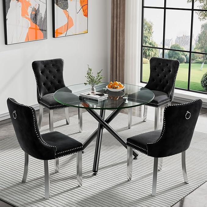 40'' Round Glass Dining Table,Modern Kitchen Table for 2-6 People,Dining Room Table with Tempered Glass Top and Metal Legs,Leisure Tea Coffee Table for Living Room,Dining Room (Black-4)