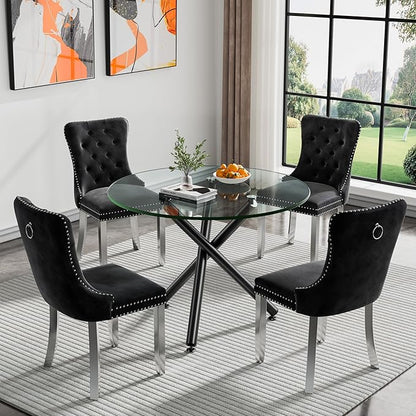 40'' Round Glass Dining Table,Modern Kitchen Table for 2-6 People,Dining Room Table with Tempered Glass Top and Metal Legs,Leisure Tea Coffee Table for Living Room,Dining Room (Black-4)