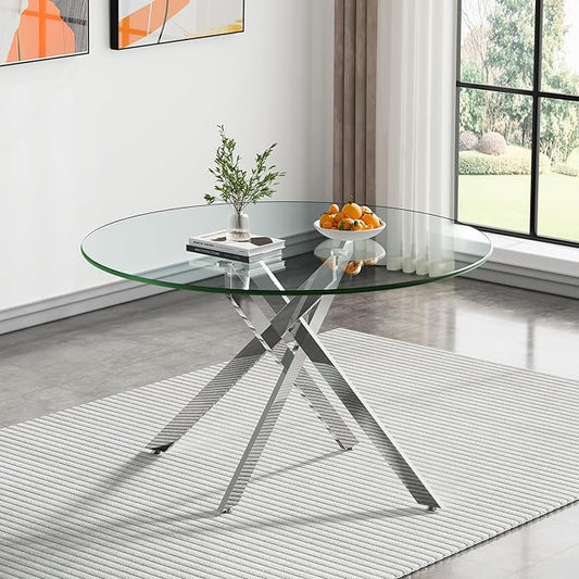 Silver Glass Dining Table for 6 Modern 47.3" Round Kitchen Dining Room Table for 4-6 with X-Shape Metal Base Large Clear Glass Top Dining Tables for Home Kitchen