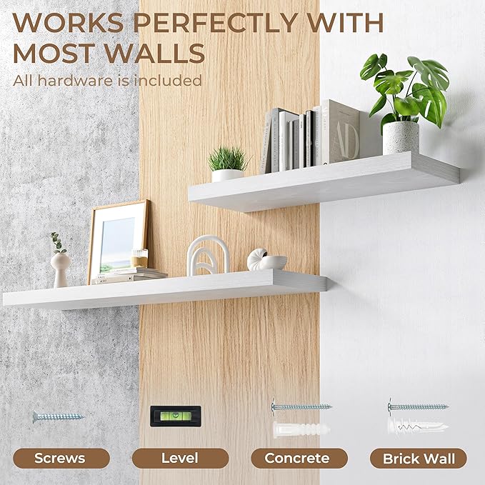 RICHFOCUS Deep Floating Shelves for Wall 2 Pack 12" D 36 Inch Wall Shelves for Room Wall|Wood Hanging Shelf with Invisible Brackets for Bathroom Bedroom Kitchen Laundry Room, White