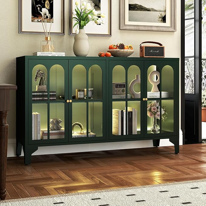Foreate Green Sideboard Buffet Cabinet with Glass Door & LED Light, 53.2" Large Buffet Cabinet with Storage & Adjustable Shelf, Farmhouse Sideboard Credenzas Metal Kitchen Buffet