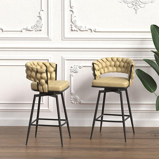 28" Technical Leather Woven Bar Stool Set of 2,Black Legs Bar stools No Adjustable Kitchen Island Chairs,360 Swivel Bar Stools Upholstered Counter Stool Arm Chairs with Back Footrest (Light Brown)