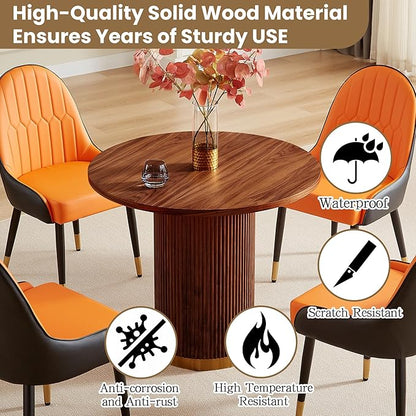 AF ARTISAN FURNITURE Modern Farmhouse Dining Table Set, 35.04" Round Table with 4 Leather Chairs, Wood & Gold Stainless Steel Base, Brown