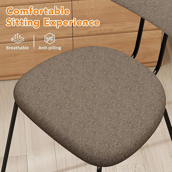 LSSPAID Dining Chairs Set of 4, Linen Fabric Upholstered Dining Room Chairs with Walnut Bentwood Back, Mid-Century Modern Kitchen Chairs with Adjustable Feet Pads, Coffee
