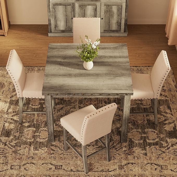 Counter Height Dining Table Set for 4,Farmhouse Dining Table Set for 4,Square Bar Kitchen Dining Table with 4 Bar Stools,High Dining Table and Chairs for Dining Room, Kitchen