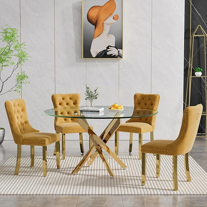 Henf 47.24" Glass Round Dining Table with X-Shape Metal Legs, Gold Kitchen Table for 4-6 People, Round Glass Dining Room Table for Small Space, Easy Assembly Circular Side Desk