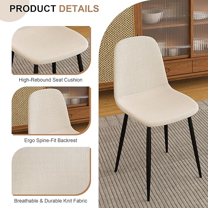 Knit Fabric Dining Chairs with Iron Legs - Restaurant Seating, Comfortable Upholstered Armless Side Chair for Kitchen, Beige (4 Chairs)