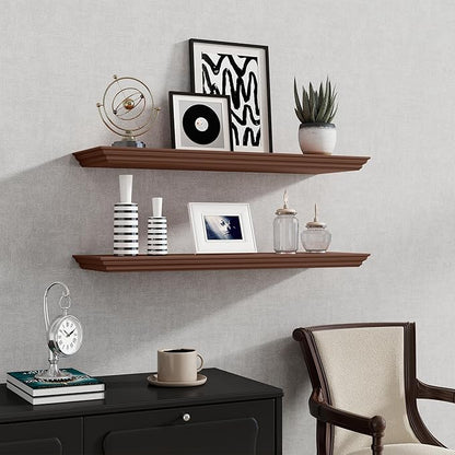 Fun Memories Floating Shelves 32 Inch Long, 9.3 Inch Deep Classic Crown Molding Floating Shelves for Wall, Rustic Wooden Shelves for Wall Decor Bathroom, Kitchen, Office, (Walnut, 2Pack)