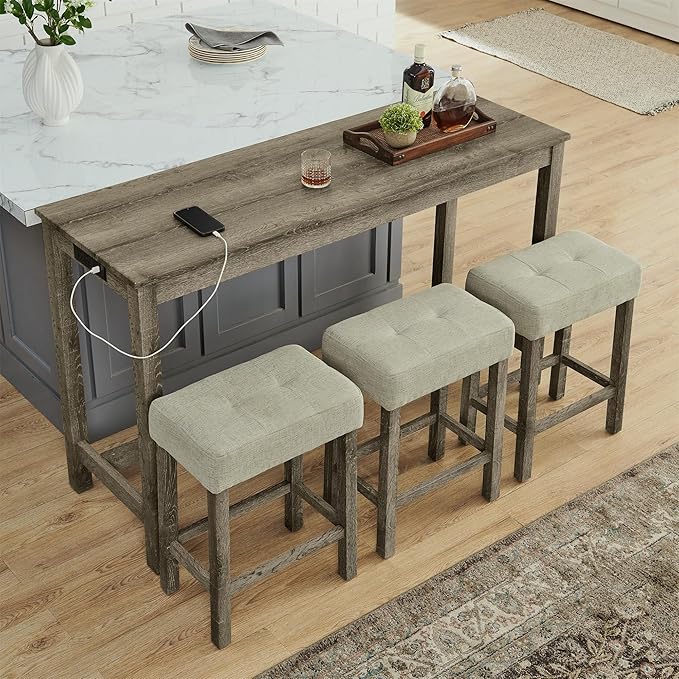 4-Piece Kitchen Island Counter-Table Set with Charging Station, Industrial 59" Dining Tables with 3 Stools, 59 Inch Farmhouse Bar Table Chairs w/USB & Type-C & Power Outlets,Light Brown