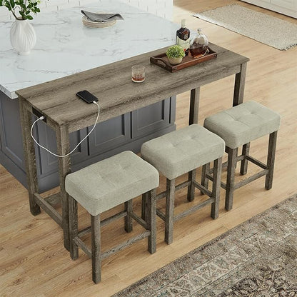 4-Piece Kitchen Island Counter-Table Set with Charging Station, Industrial 59" Dining Tables with 3 Stools, 59 Inch Farmhouse Bar Table Chairs w/USB & Type-C & Power Outlets,Light Brown