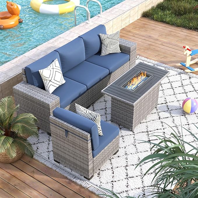 5 Piece Patio Furniture Set with Fire Pit Table, Outdoor Conversation Sets Grey Wicker Rattan Sectional Sofa, 4'' Thickened Cushion Navy Blue