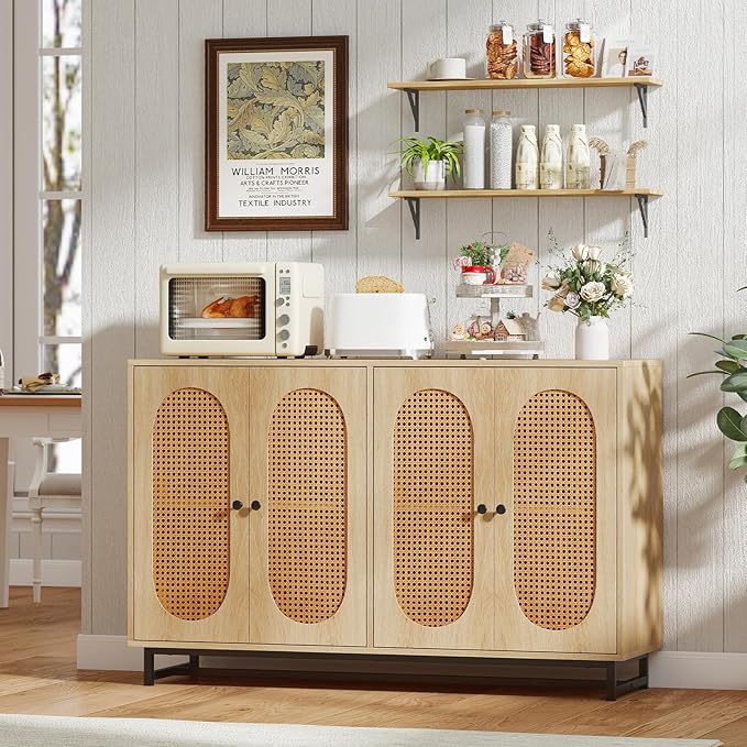 Giantex Rattan Sideboard Buffet Cabinet, 50" Large Boho Buffet Table with 4 Doors, Adjustable Shelves & Metal Legs, Farmhouse Accent Storage Cabinet for Kitchen, Living Room, Entryway, Coffee Bar