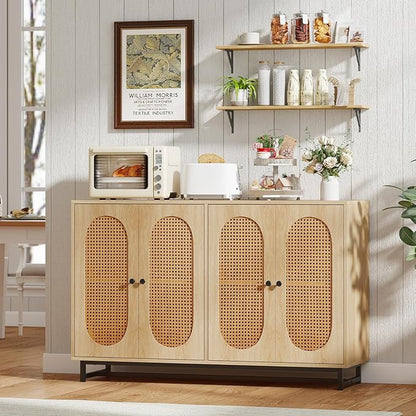 Giantex Rattan Sideboard Buffet Cabinet, 50" Large Boho Buffet Table with 4 Doors, Adjustable Shelves & Metal Legs, Farmhouse Accent Storage Cabinet for Kitchen, Living Room, Entryway, Coffee Bar