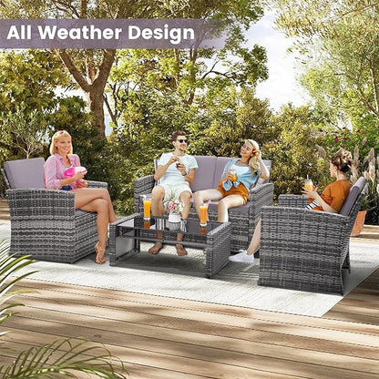 KROFEM 4-Piece Patio Furniture Set, Wicker Outdoor Rattan Sectional Sofa with Cushions and Glass Table, All-Weather Outdoor Conversation Set, Ideal for Garden, Porch, Backyard, Grey