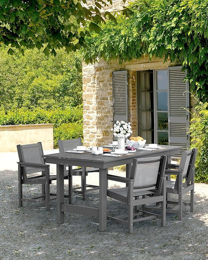 SERWALL Patio Dining Sets for 6, Outdoor HDPE Dining Set with Umbrella Hole Cut-Out Table and 6 Woven Chairs, Gray