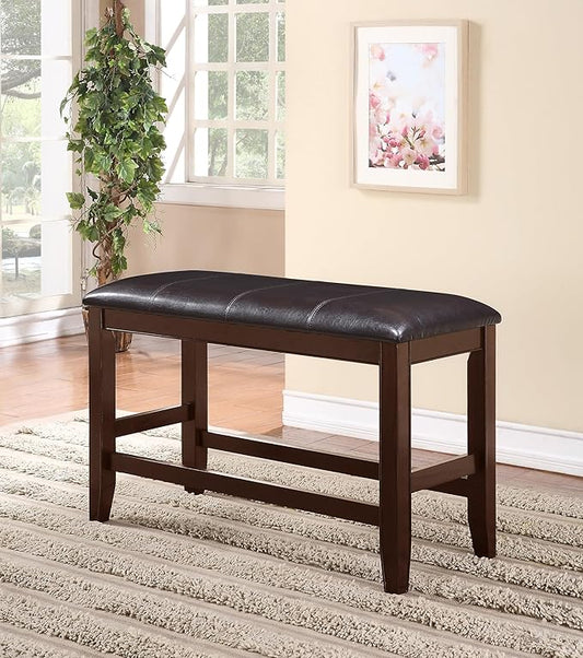 Brown Espresso Counter Height Bench with Faux Leather Upholstered Seat and Footrest, Farmhouse Style Wooden Furniture for Kitchen or Dining Room