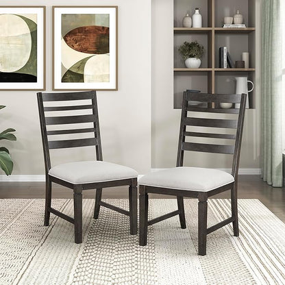 Lexicon Dining Chairs Set of 2, Wood Frame and Beige Textured Fabric Upholstered Seat, Ladder Back, Accent Seating for Dining Room, Kitchen Table, Office, Easy Assembly, Dark Espresso