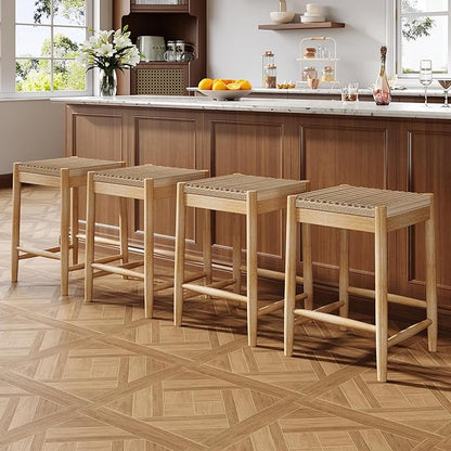 Merax Counter Height Barstools Set of 4, Wood Backless Counter Stools with Acacia Wood Legs and Natural Rattan Seat, 25.8 Inch Bar Stools for Kitchen Island Dining Room
