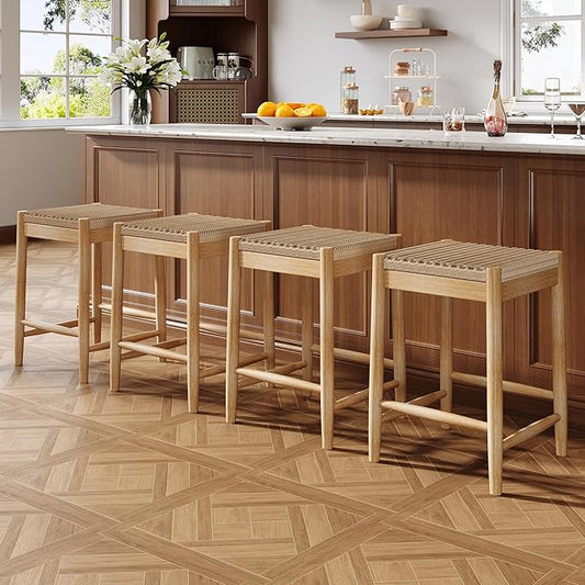 Merax Counter Height Barstools Set of 4, Wood Backless Counter Stools with Acacia Wood Legs and Natural Rattan Seat, 25.8 Inch Bar Stools for Kitchen Island Dining Room