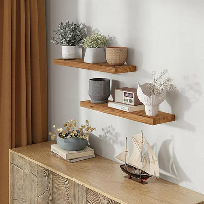 30 Inch Floating Shelves Set of 2, Rustic Solid Elm Wood Floating Shelf for Farmhouse, Living Room, Bedroom, Wall Mounted Bathroom Shelves Heavy-Duty Wall Shelf with Invisible Bracket, Natural