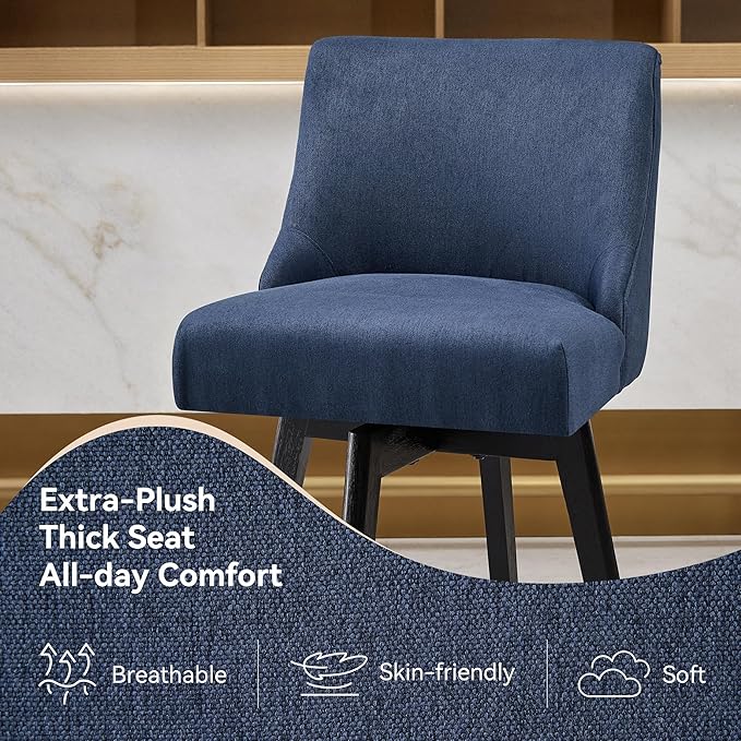 Counter Height Bar Stools Set of 3, Swivel Barstools with Backs and Wood Legs, Linen Fabric Upholstered Counter Stools for Kitchend Island, Mid-Century Modern 26" Seat Height Bar Chairs, Blue