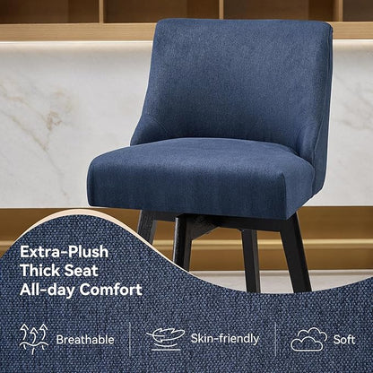 Counter Height Bar Stools Set of 3, Swivel Barstools with Backs and Wood Legs, Linen Fabric Upholstered Counter Stools for Kitchend Island, Mid-Century Modern 26" Seat Height Bar Chairs, Blue