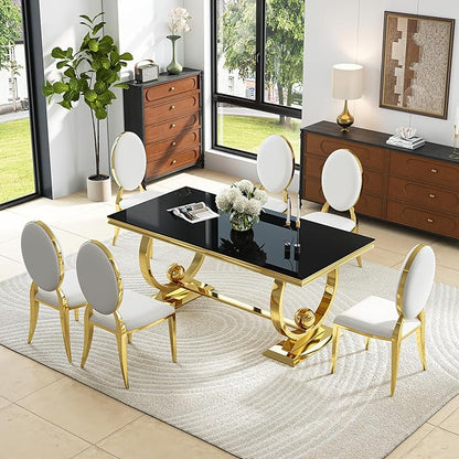 7-Piece Modern Luxury Dining Table Set, 70" Black Tempered Glass Kitchen Table with Gold Polished Stainless Steel U-Shaped Pedestal Base and 6 White PU Leather Chairs, for Dining Room and Kitchen