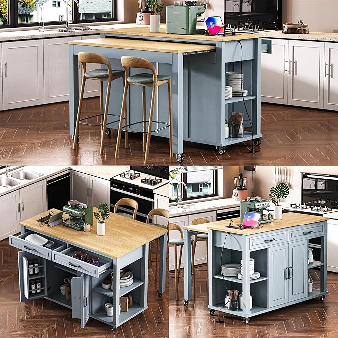 Modern Dining Table Extendable Kitchen Island with Rack Power Outlet Adjustable Sturdy Stable Easy Clean Counter Console Luxury Rubber Wood Veneer,Blue-MDF