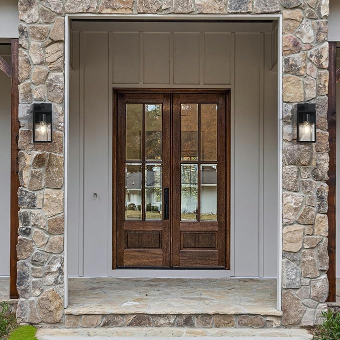 LALUZ Black Outdoor Wall Lights 2 Pack, 9.3'' Modern Farmhouse Rectangle Porch Lights Outdoor Wall with Clear Glass Set of 2, Waterproof Anti-Rust Exterior Outside Wall Sconces Lighting Light Fixtures