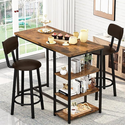 DKLGG Dining Table Set for 2, Counter Height Bar Table Set with Storage ＆ Stools, High Top Pub Table and Chairs for Kitchen, Dining Room, Sofa Side, Apartment, Breakfast Nook, Brown