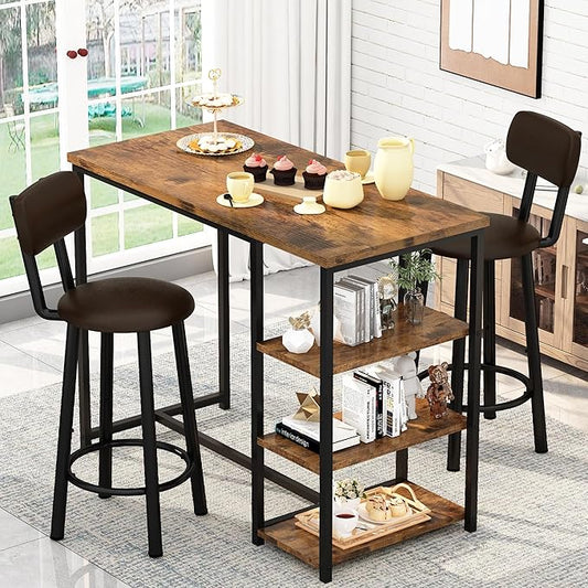 DKLGG Dining Table Set for 2, Counter Height Bar Table Set with Storage ＆ Stools, High Top Pub Table and Chairs for Kitchen, Dining Room, Sofa Side, Apartment, Breakfast Nook, Brown