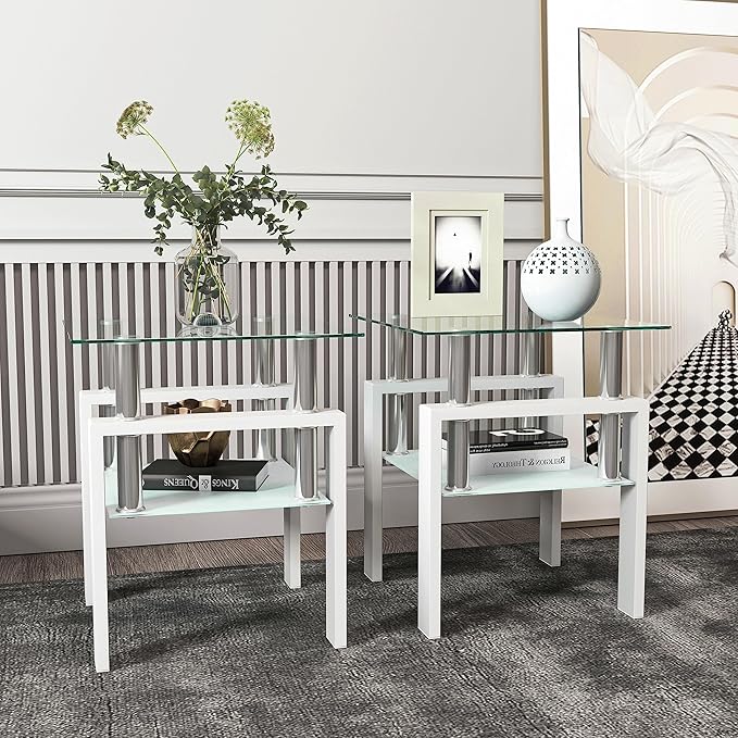 Set of 2 Glass End Table, Glass Side Table with Tempered Glass Top & Metal Legs, Square Living Room Table Modern Tea Table Side Tables 2-Layer for Living Room Bedroom