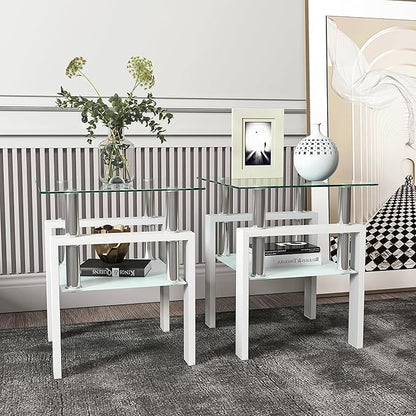 Set of 2 Glass End Table, Glass Side Table with Tempered Glass Top & Metal Legs, Square Living Room Table Modern Tea Table Side Tables 2-Layer for Living Room Bedroom