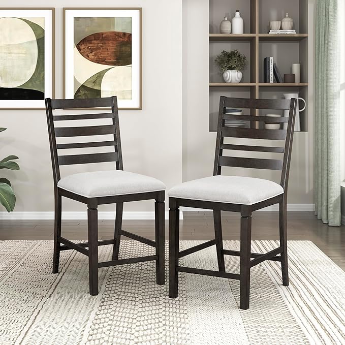 Lexicon Counter Height Chairs, Set of 2, Wood Frame, Ladder Back, Beige Textured Fabric Upholstered Dining Chairs with 25.5 Inches Seat Height, Bar Stools for Kitchen/Dining Room, Dark Espresso