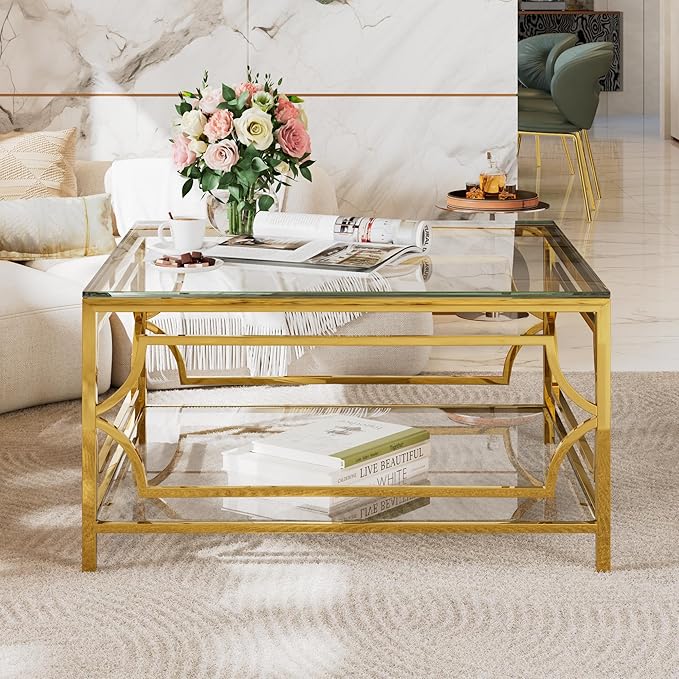 Harper & Bright Designs Square Glass Coffee Table in 33.5",Luxurious Geometric Metal Frame,Gold Finish & Lower Shelf