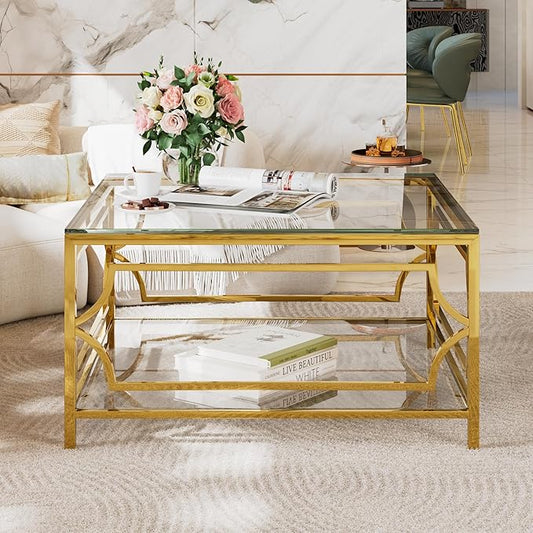 Harper & Bright Designs Square Glass Coffee Table in 33.5",Luxurious Geometric Metal Frame,Gold Finish & Lower Shelf