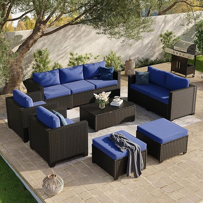 Aoxun 10 Piece Outdoor Patio Furniture Set 9 Seats, Outdoor Sectional with Thick Waterproof Cushions, Patio Conversation Sets for Garden,Backyard, Porch, Balcony, Black & Blue
