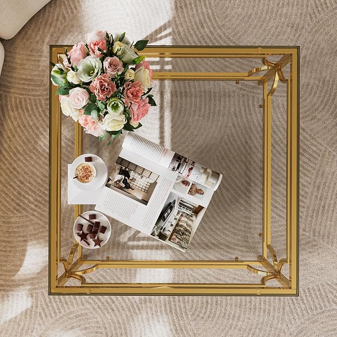 Harper & Bright Designs Square Glass Coffee Table in 33.5",Luxurious Geometric Metal Frame,Gold Finish & Lower Shelf