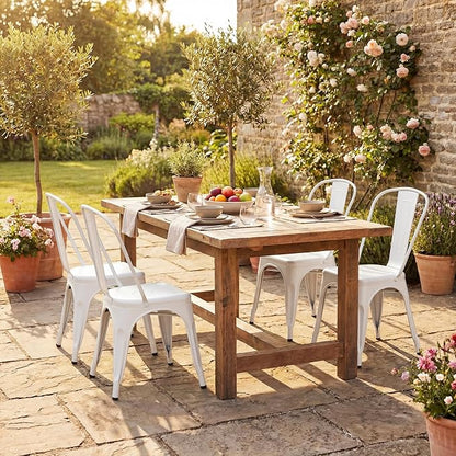 Shahoo Metal Dining Chairs Classic Iron Stackable Industrial Vintage Trattoria with Back, Indoor-Outdoor Side Settee for Home Bistro Cafe Kitchen Restaurant Set of 4, White