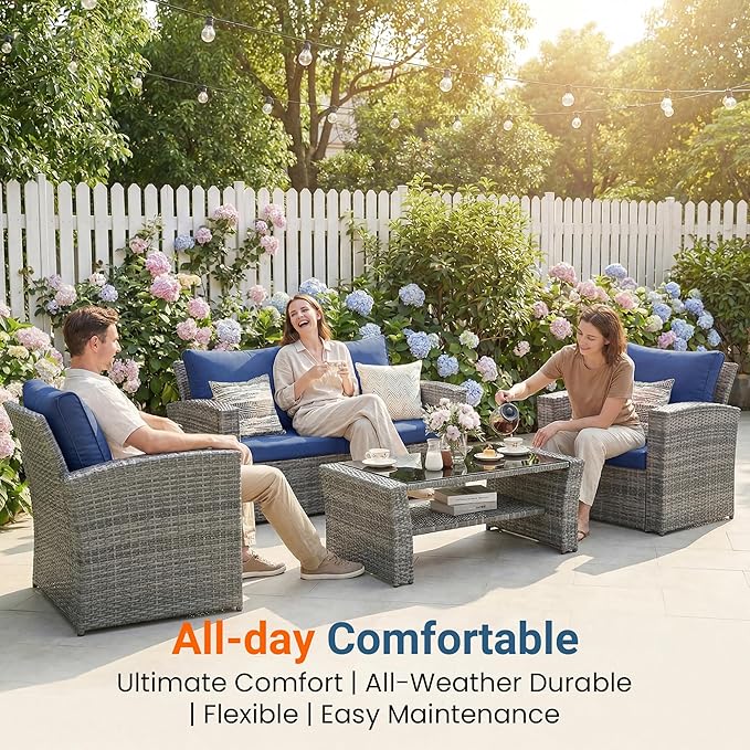 Wisteria Lane Patio Furniture Set, 5 Pieces Wicker Outdoor Furniture for All Weather, Patio Sofa with High Backrest Support and Wide Armrest for Backyard, Balcony, Deck, Porch, Navy Blue
