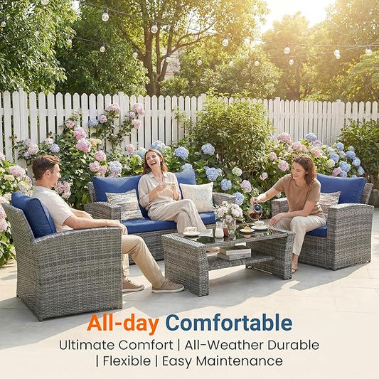 Wisteria Lane Patio Furniture Set, 5 Pieces Wicker Outdoor Furniture for All Weather, Patio Sofa with High Backrest Support and Wide Armrest for Backyard, Balcony, Deck, Porch, Navy Blue