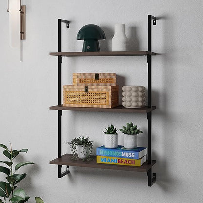happimess MSH1000C Madera 40.55" Classic Industrial 3-Shelf Wood Wall-Mounted Open Ladder Bookcase with Metal Frame, Brown/Black
