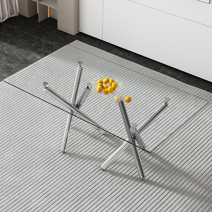 71” Rectangle Dining Table, Large Modern Dining Table for 6–8 People with 0.4" Thickened Tempered Glass Top, Glass Kitchen Table with Silver Metal Legs for Dining Room
