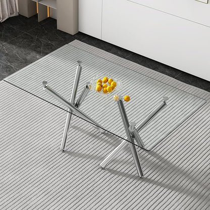 71” Rectangle Dining Table, Large Modern Dining Table for 6–8 People with 0.4" Thickened Tempered Glass Top, Glass Kitchen Table with Silver Metal Legs for Dining Room