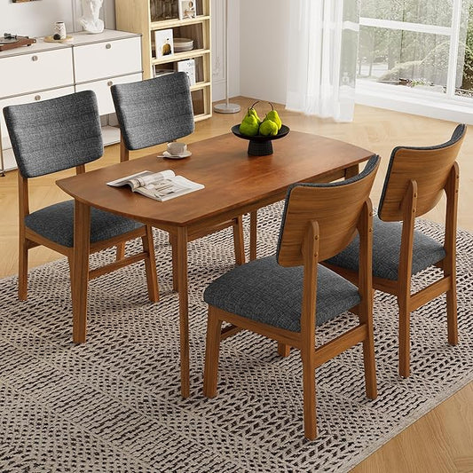 VilroCaz Mid-Century Modern Dining Table Set for 4, Solid Wood Dining Table and 4 Upholstered Chairs, 5 Piece Farmhouse Dining Set for Home, Kitchen, Space Saving (Brown+Gray-1s)