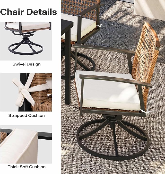 LAUSAINT HOME 7 Pieces Patio Dining Set, Outdoor Furniture Set of 6 Swivel Chairs with Soft Cushion and Iron Slats Table Top with Umbrella Hole, Conversation Set for Backyard