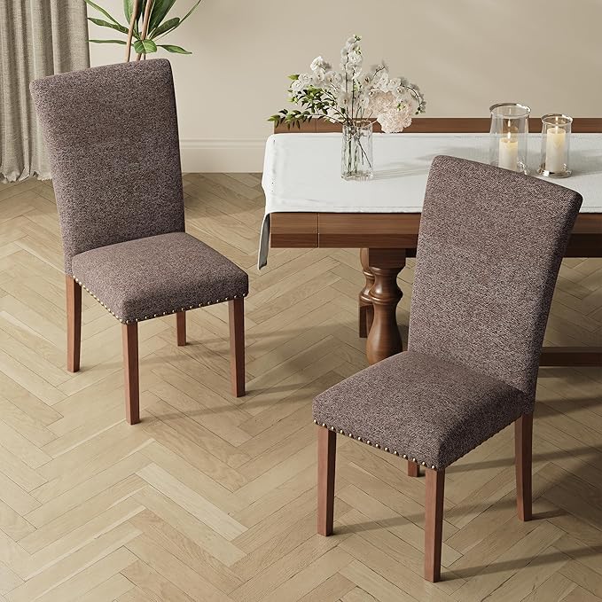 COLAMY Upholstered Parsons Dining Chairs Set of 4, Fabric Dining Room Kitchen Side Chair with Nailhead Trim and Wood Legs - Brown