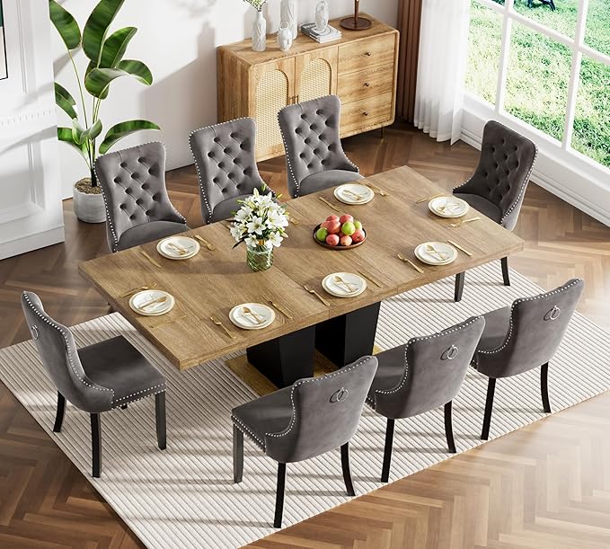 78.74" Extendable Dining Table for 6 8 10, Modern Farmhouse Expandable Kitchen Table with Dual Column Pedestal, Large Rectangle Wooden Expanding Table for Kitchen Dining Conference Room, Brown & Black